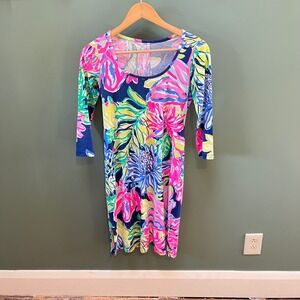 Lilly Pulitzer Pima Cotton Floral 3/4 Sleeve Shift Dress Navy Pink Small